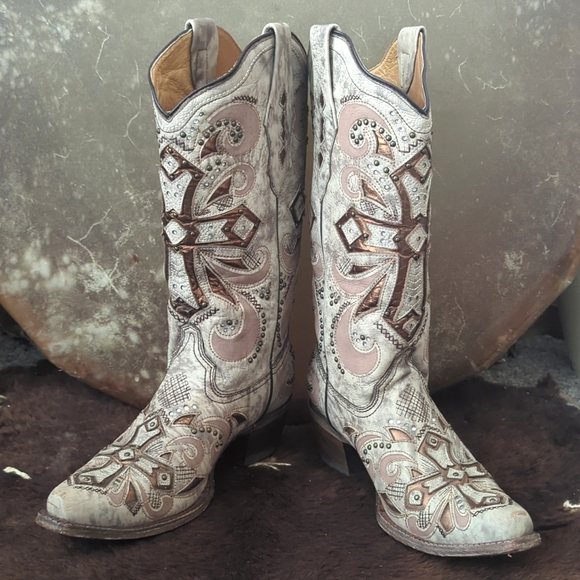 CORRAL AB084 "Sadler" ivory leather bronze cross cowgirl boot snip toe sz 9.5 - Picture 6 of 16